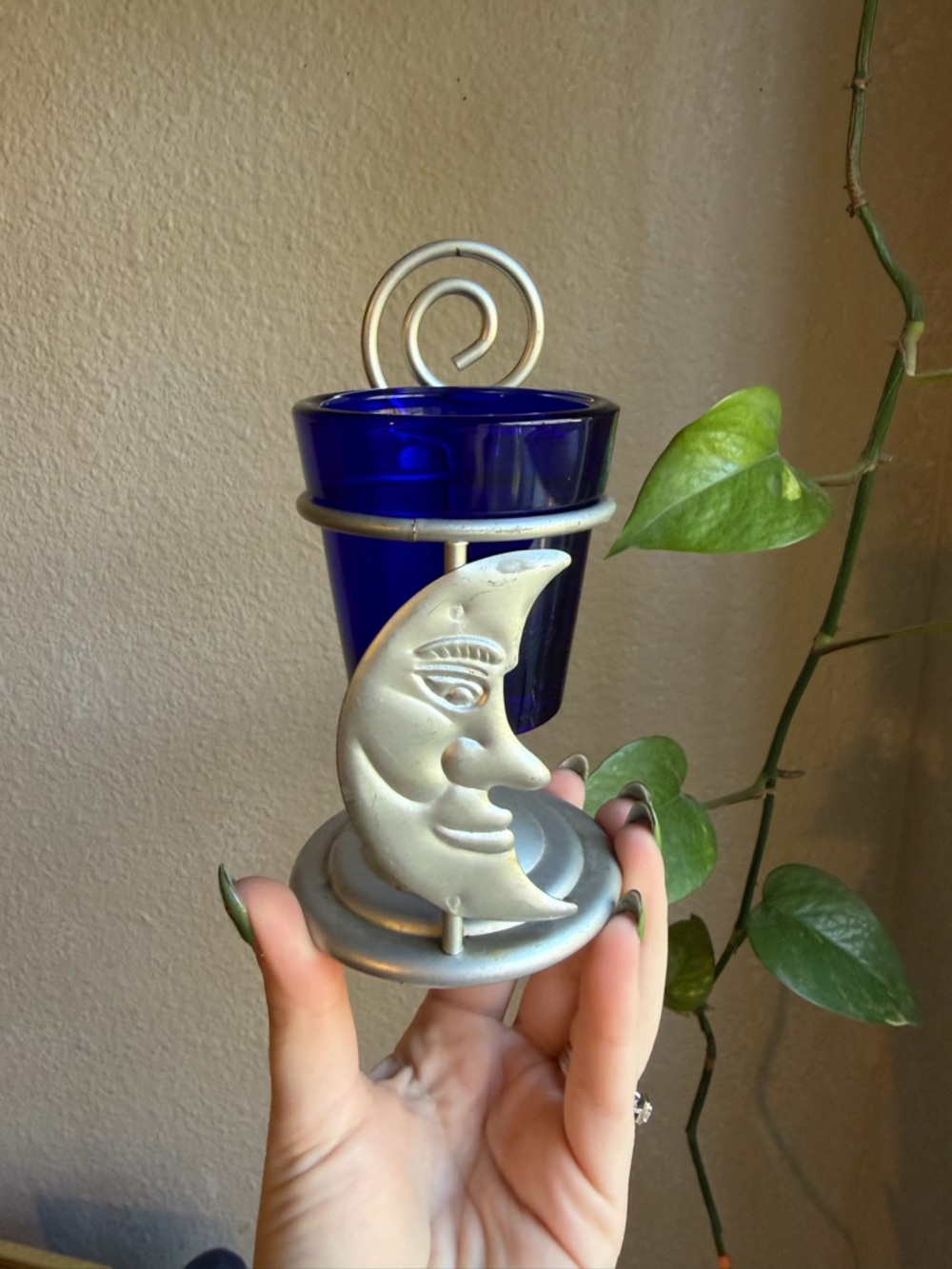 Whimsy Celestial Cobalt Blue Glass Moon Candle Holder